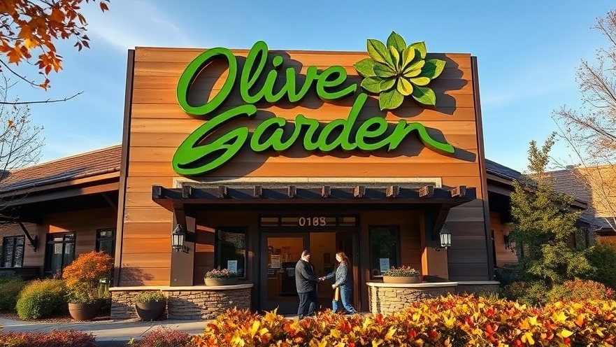 Large Olive Garden sign with two people entering, showcasing autumn foliage and vibrant details.