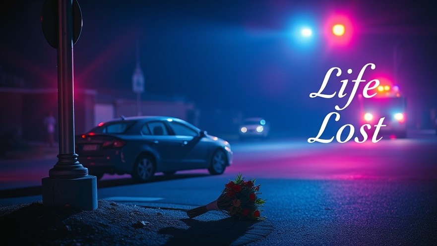 Tragic car wreck in San Diego, with flowers and police lights, symbolizing loss.
