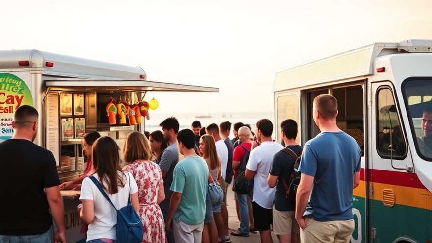 People lining up at a San Diego food truck with beach views, showcasing local food trucks.