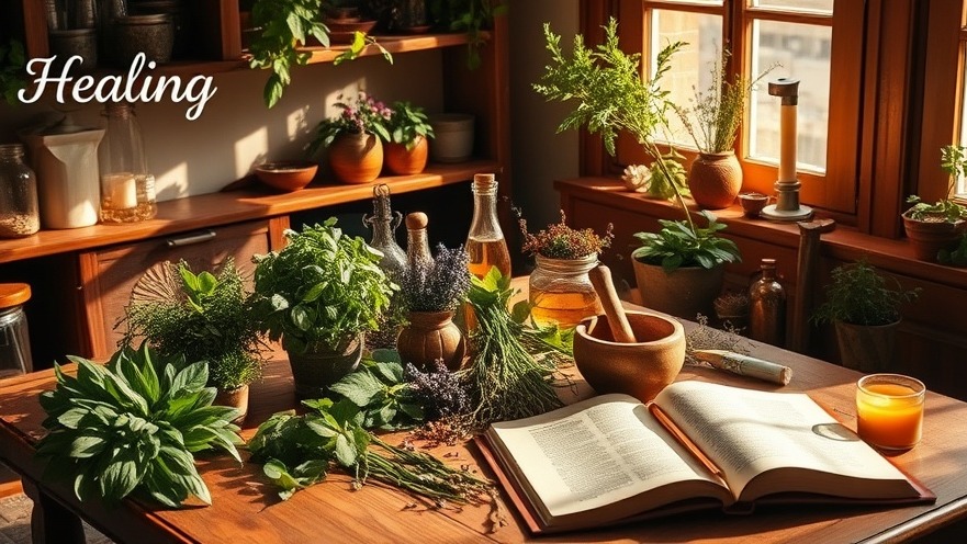 Serene herbalism workspace with vibrant herbs, tinctures, and natural remedies.
