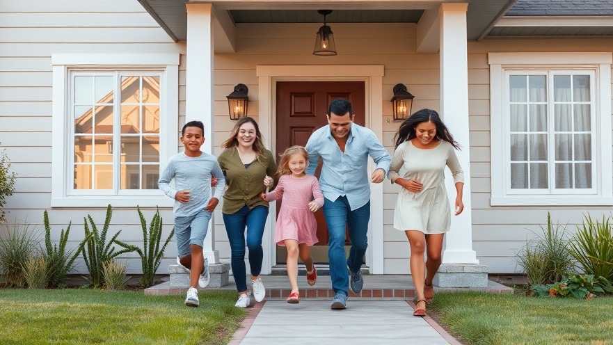 Happy family of 6 excitedly approaching their new house for sale in San Diego.
