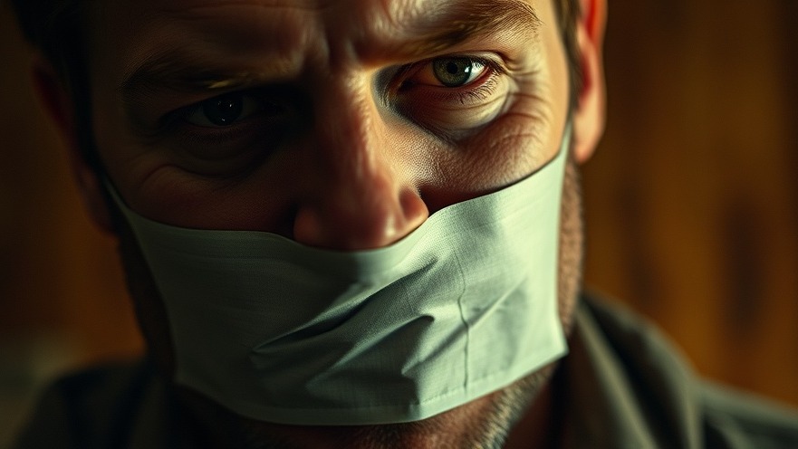 Close-up of a man's face with tape over his mouth, showcasing authentic expression and emotional awareness.