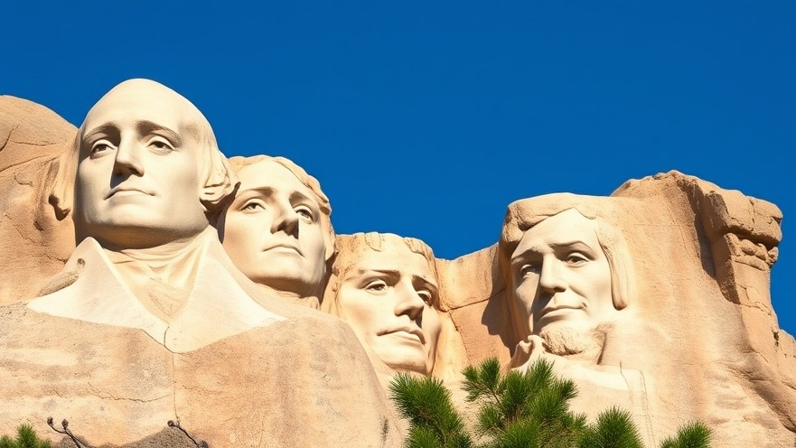 Carved stone faces of Mt Rushmore, a key America's historical landmark against a blue sky.