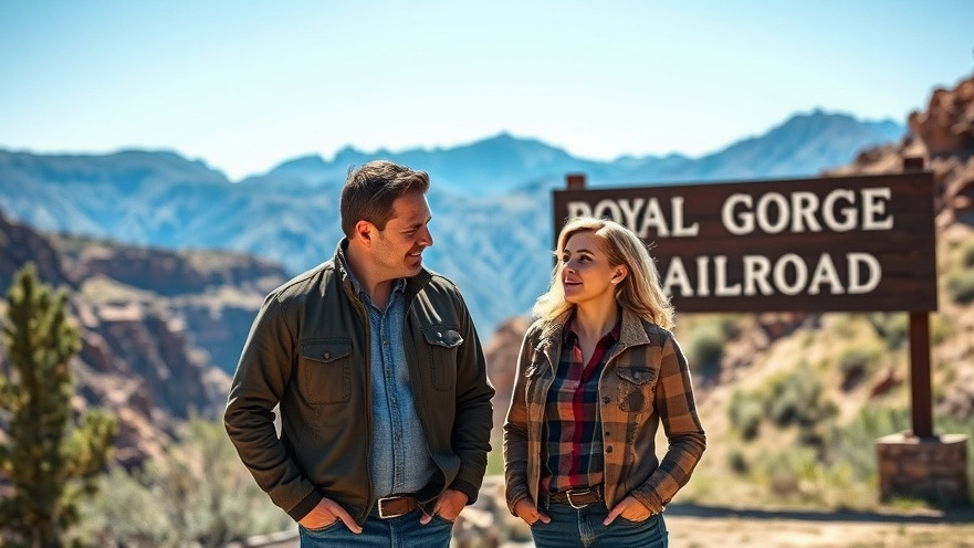Two people in casual attire converse outdoors near Royal Gorge Route Railroad sign, scenic mountains.