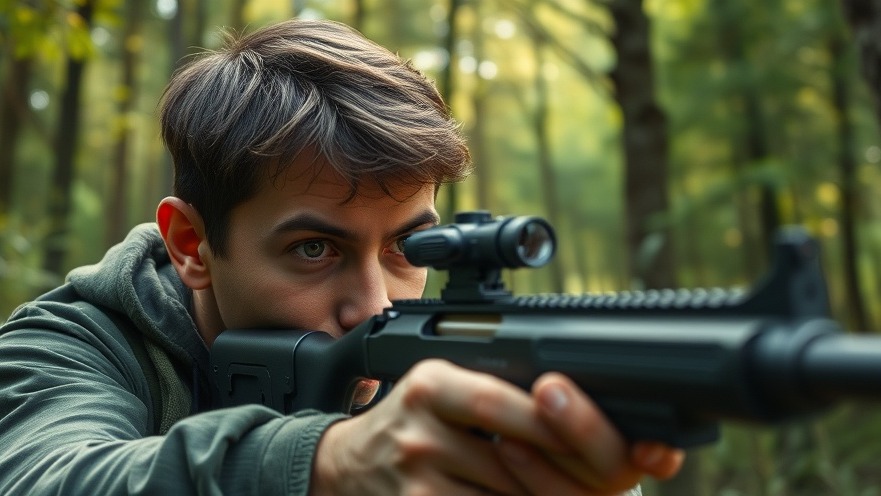 Shooter practicing shooting training techniques in a lush forest, aiming with focus.