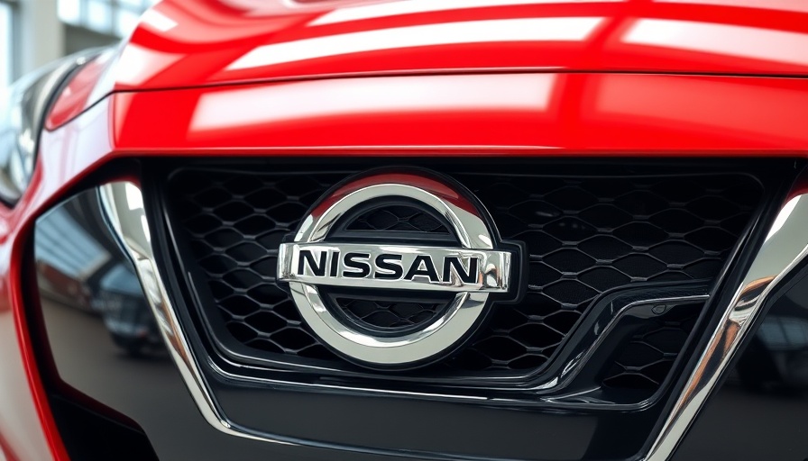 Nissan emblem on sleek red car front, symbolizing brand revitalization.