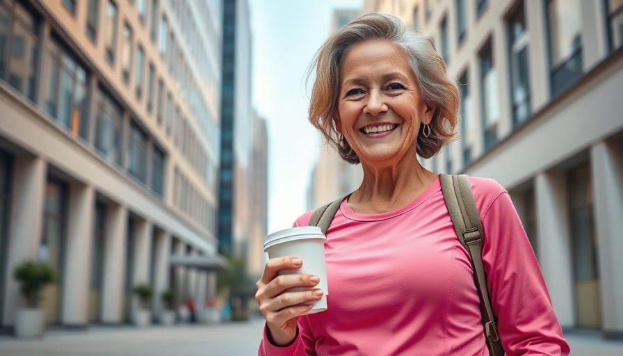 Energetic 50-year-old woman in pink activewear outdoors holding coffee, How a 50-Year-Old Woman Stays Fit.