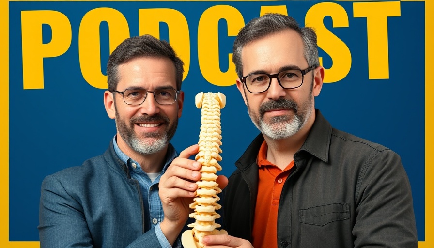 Back pain prevention experts featured on podcast poster with spine model.