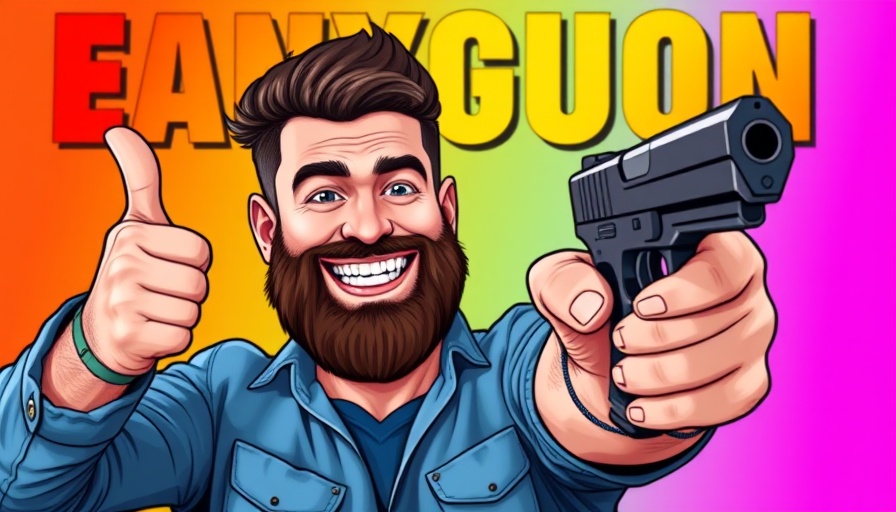 Enthusiastic man showcasing new affordable firearms, cartoon style.