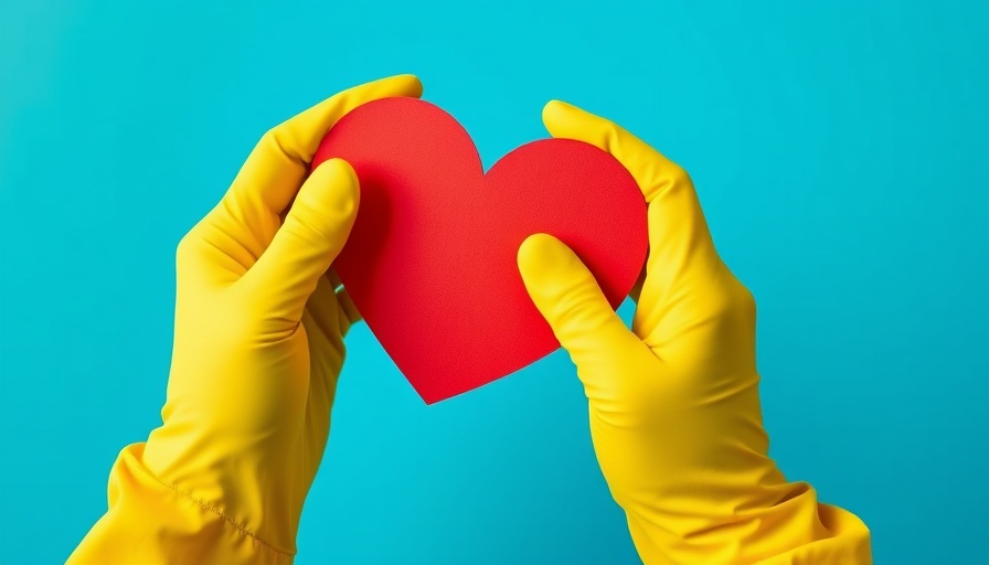 Yellow-gloved hands holding red heart on Thank Your Cleaner Day.