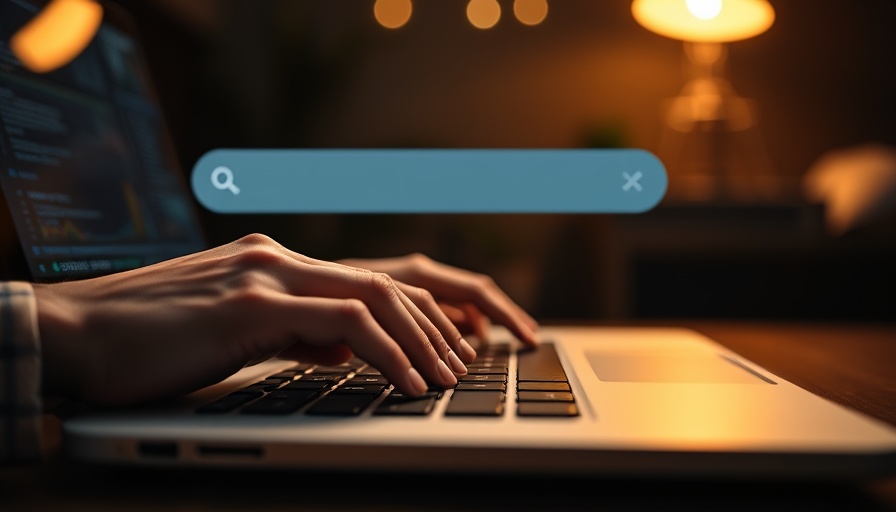 Close-up of hands typing on laptop with digital search bar overlay, illustrating changes in online search.