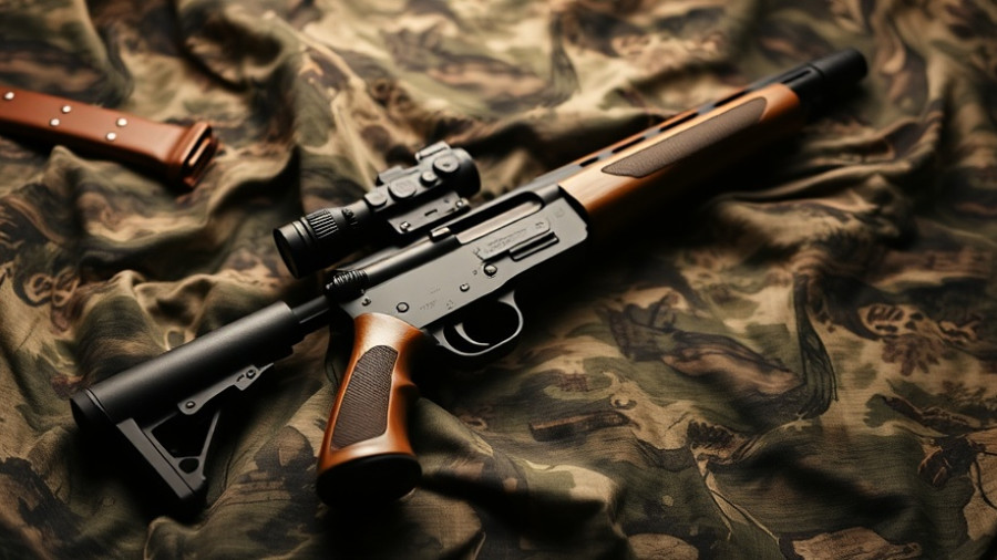 Second Amendment in America: Old firearm on camouflage fabric.