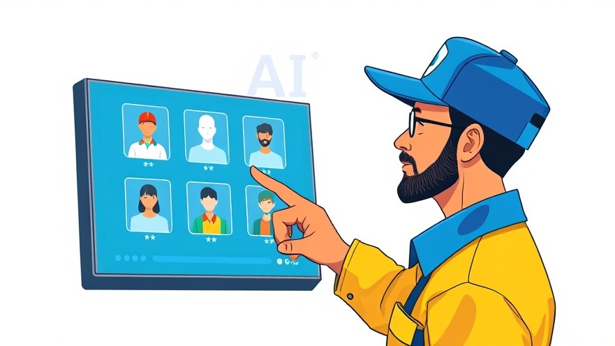 AI in Sales: Worker pointing at digital screen with customer profiling icons.