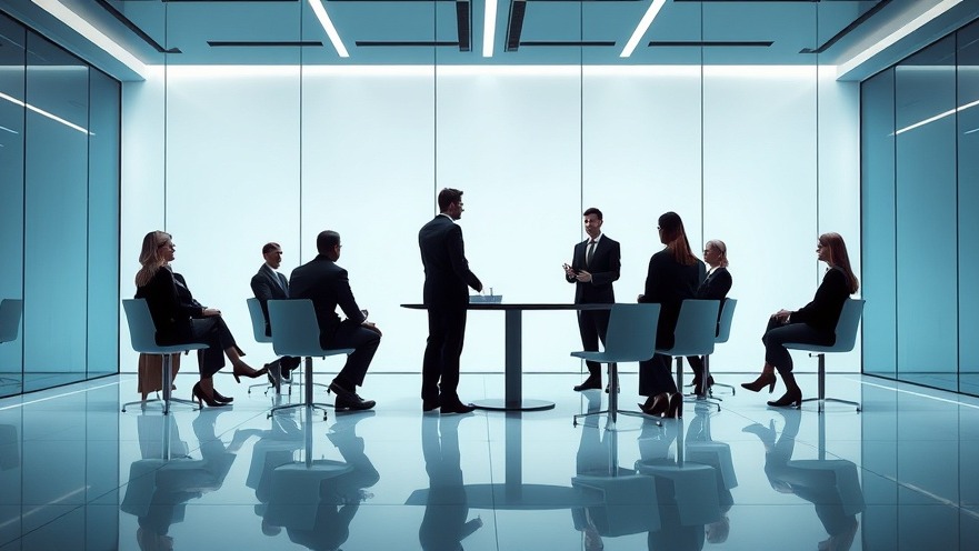 Executive leading from the middle in a sleek futuristic setting, fostering a continuous learning culture.