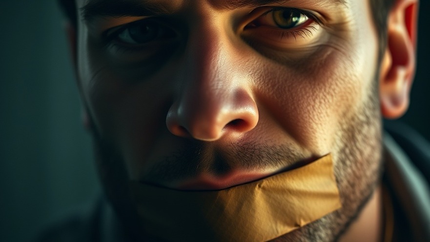 Close-up of a man's face with tape over mouth, embodying authentic expression and overcoming fear.