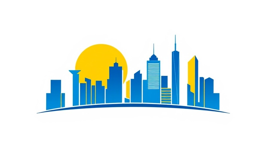 Stylized cityscape logo representing workplace transformation in modern office design.