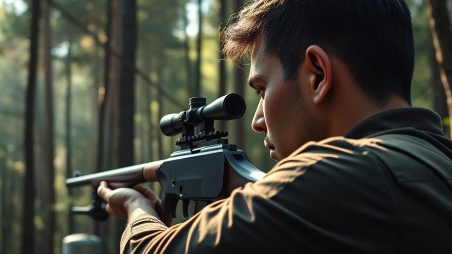 Shooter with poor eyesight aiming rifle, showcasing vision challenges in shooting.
