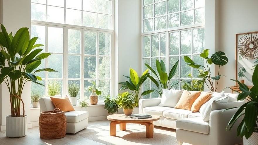 Cozy living room with plants and natural light, promoting indoor air quality and energy efficiency.