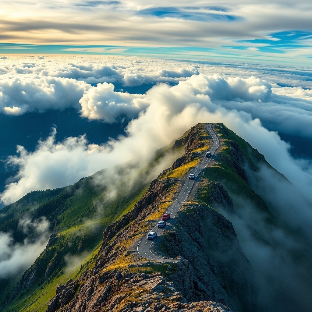 Panoramic summit view from Mount Washington Auto Road with cars climbing through clouds