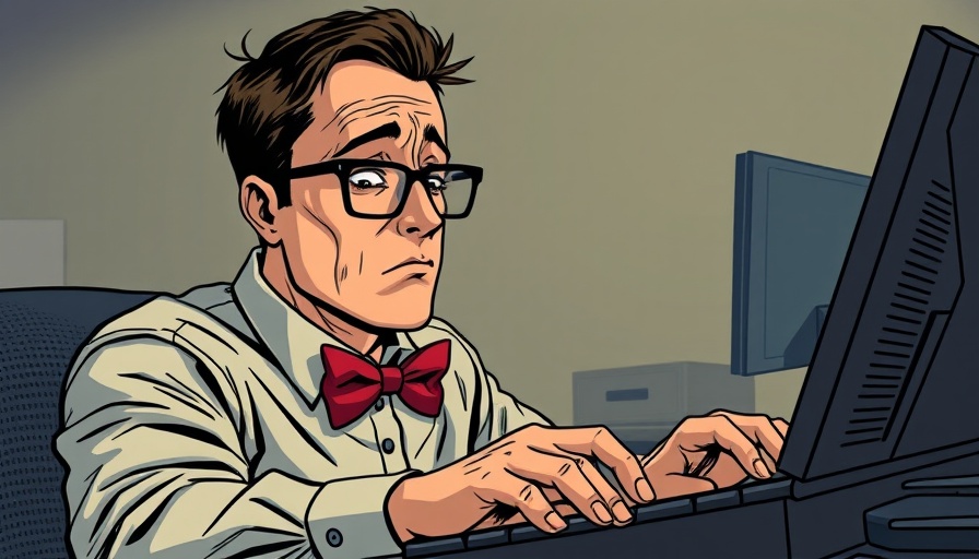 Tired man in office using keyboard; AI prompts for business content.