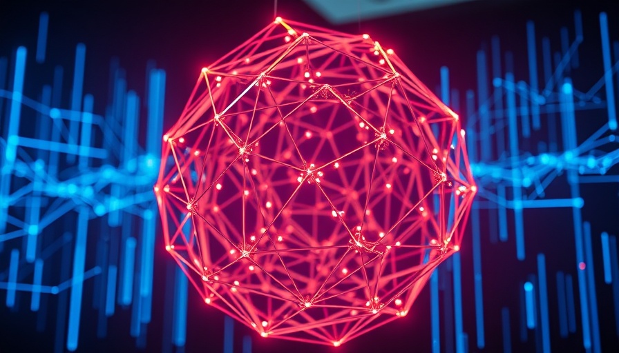 Abstract 3D shape represents operational impact from gen AI with neon lines and points.