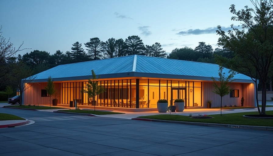 Modern sustainable zinc-clad career center at twilight.