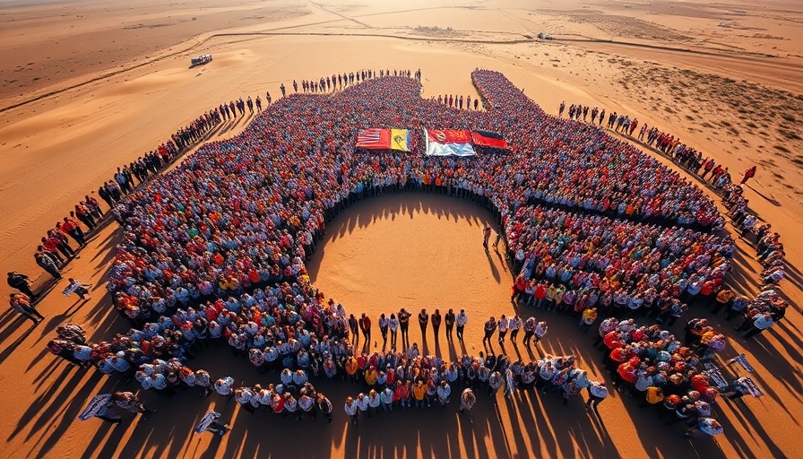 Volunteers forming a map of Australia at Mundi Mundi Bash, aerial view.