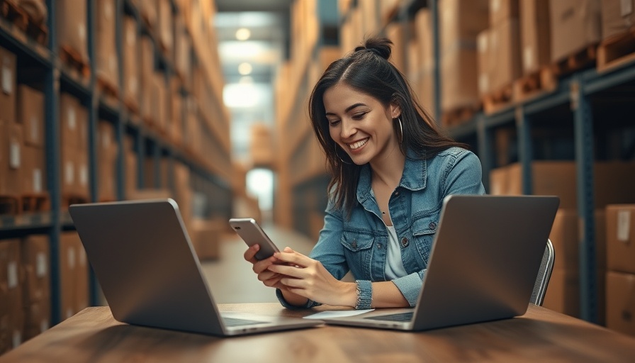 Smiling woman in a storage facility checking her phone.