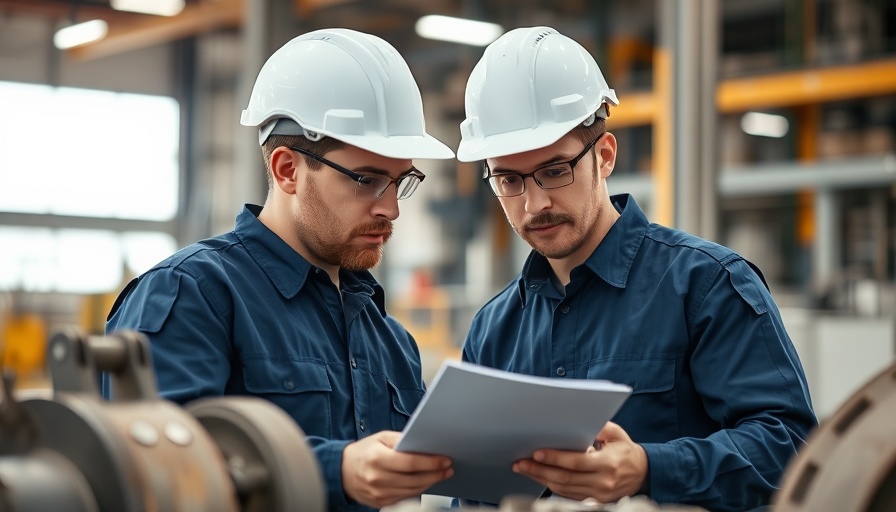 Industrial workers discussing tasks, highlighting teamwork and focus.