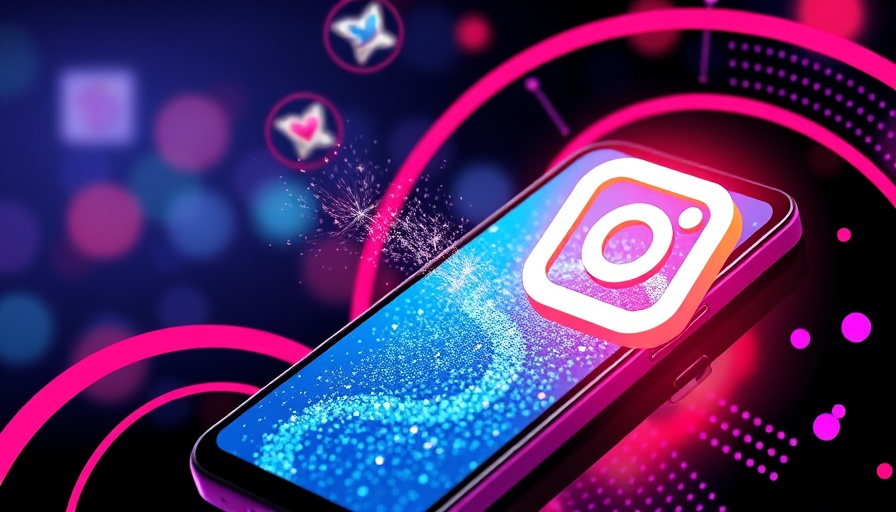 Stylized phone with glitter display, Instagram icon, buying Instagram followers.