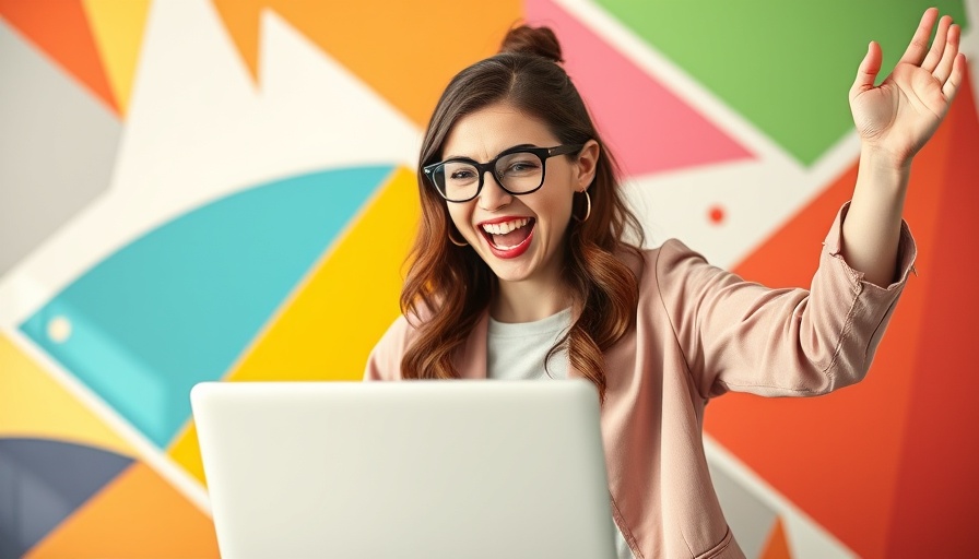 Excited woman using a laptop in a colorful workspace.