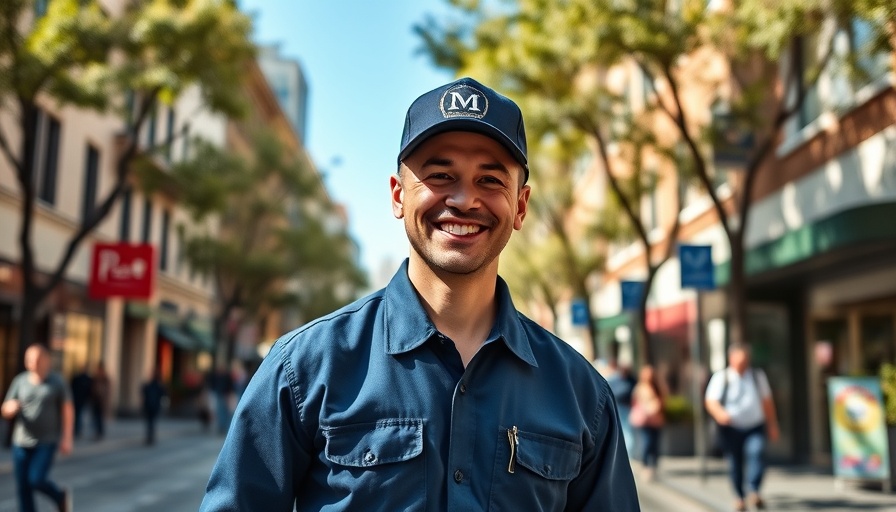 Cheerful doorman smiling on sunny city street, capturing vibrant urban life.
