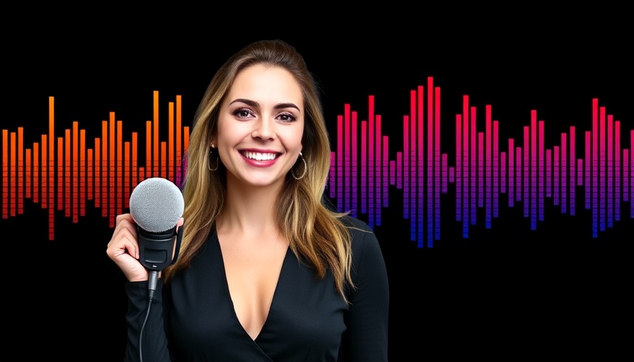 Podcast cover featuring woman with audio waveform and modern text.
