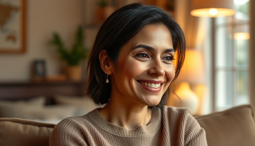 Confident woman smiling in a cozy room, Studio Success Without Sacrifice