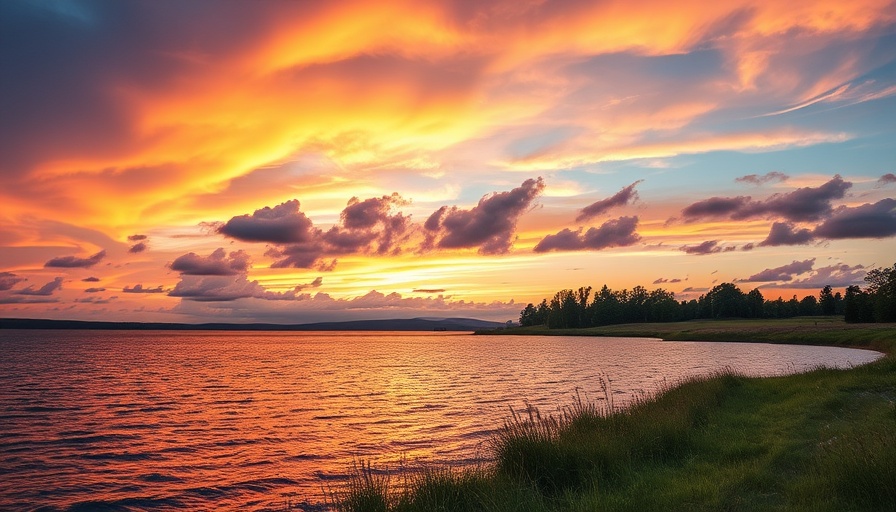 Lake restoration initiative at sunset with calm waters and vibrant sky.