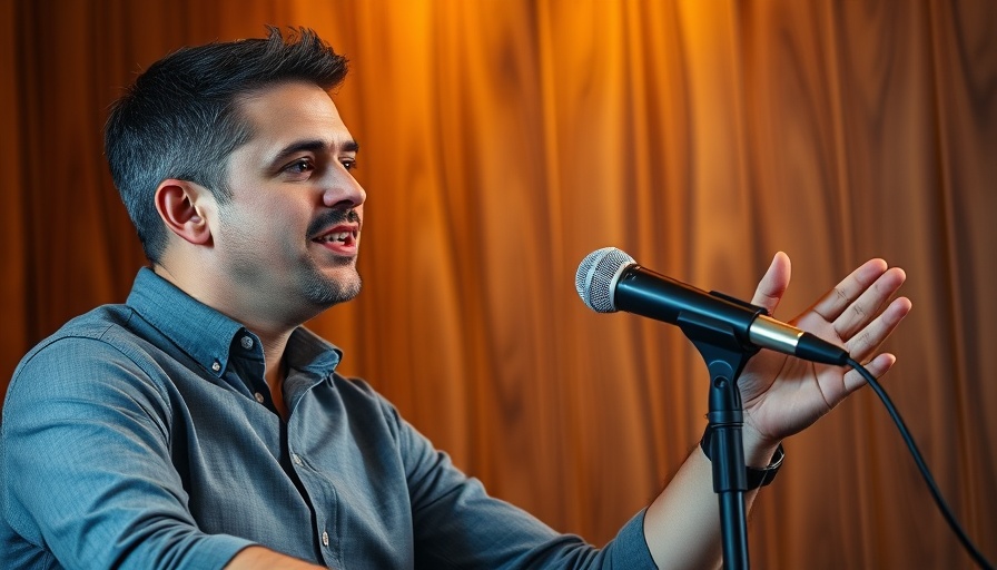 Speaker discussing quality content over quantity in a warm, focused setting.