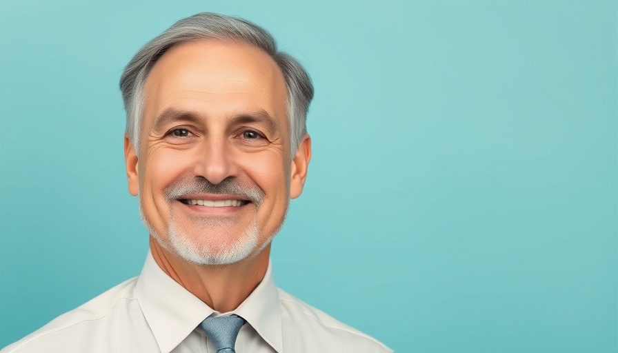 Middle-aged man in light shirt and tie, neutral teal background.