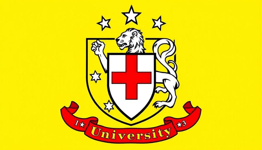 University crest with bright yellow background.