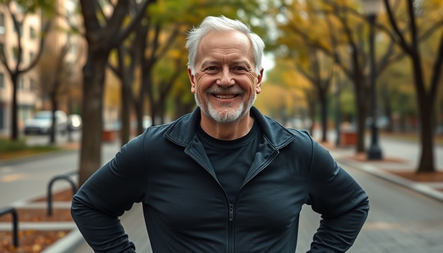 71 year old fitness journey: Fit older man smiling confidently outdoors