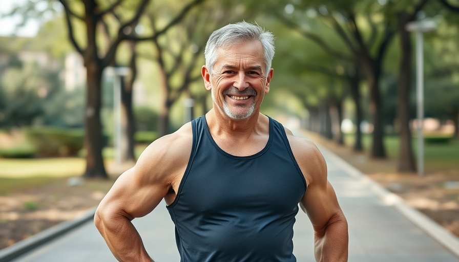 71 year old fitness inspiration, elderly man displaying muscular body in park.