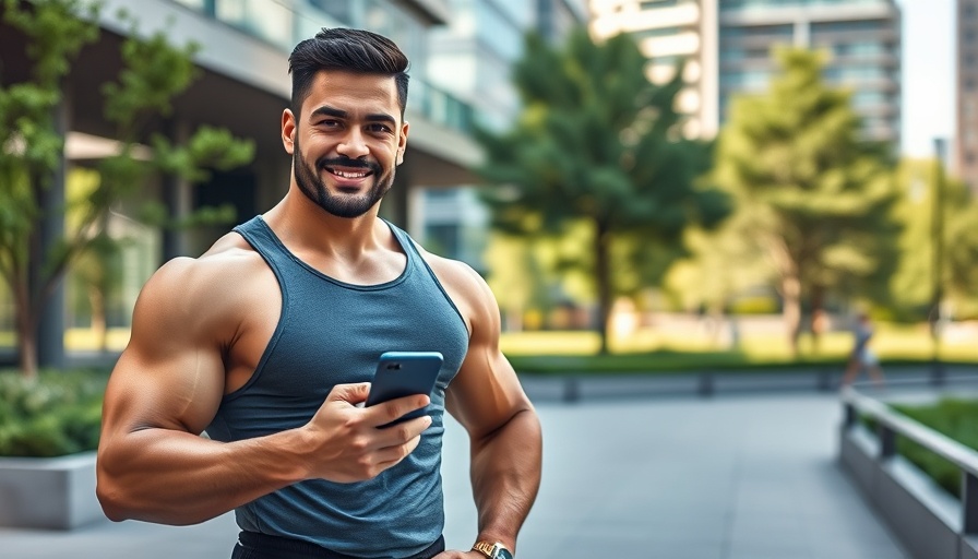 Athletic man confidently using a smartphone in an urban park.