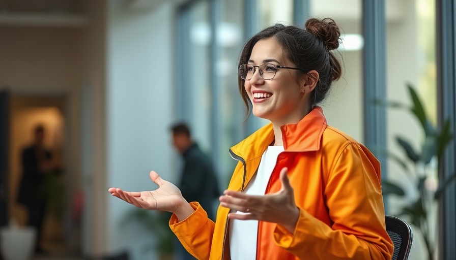 Woman discussing ideas indoors, vibrant jacket, soft lighting.