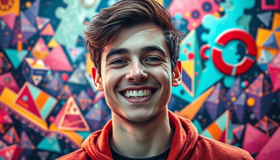 Smiling young man with geometric shapes, Behavioral Science Marketing Principles.