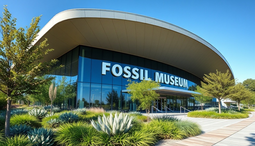 Fossil museum without fossil fuels with eco-friendly design and green gardens.