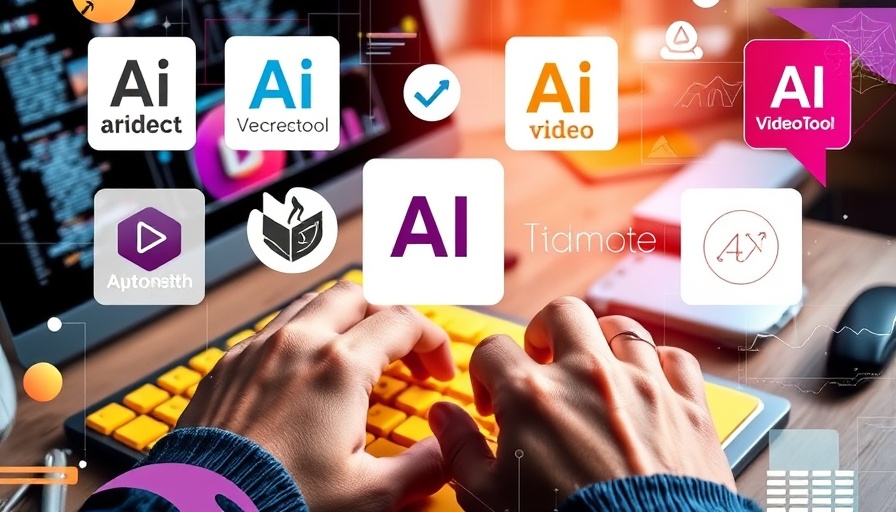 Collage of best AI video tools with hands on a yellow keyboard.