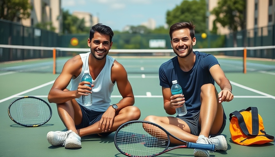 Two people enjoying a sustainable hydration partnership on a tennis court.