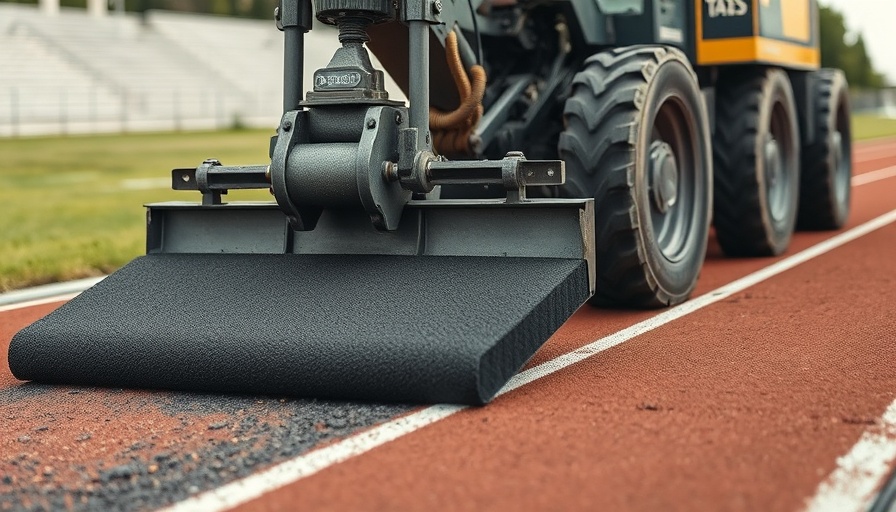 Close-up of machinery in sustainable athletic track renovation.