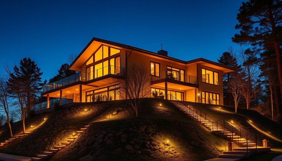 2 x 8 wall construction in modern hillside home with pathway lights.