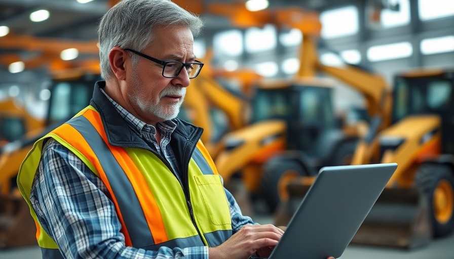 Industrial facility worker uses laptop in equipment rental area