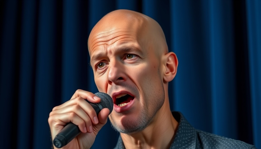Bald man speaking passionately into a microphone in a studio setting.